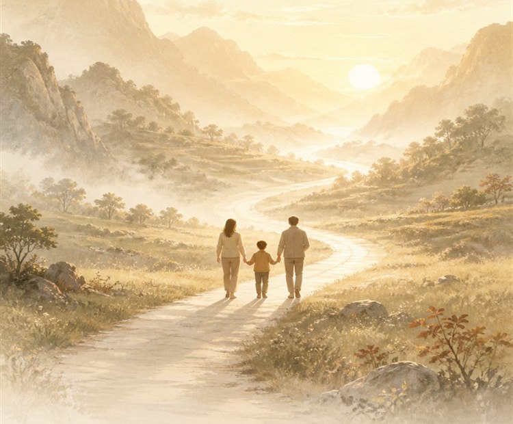 一家人沿山间道路共同前行的SECS青年品牌插画